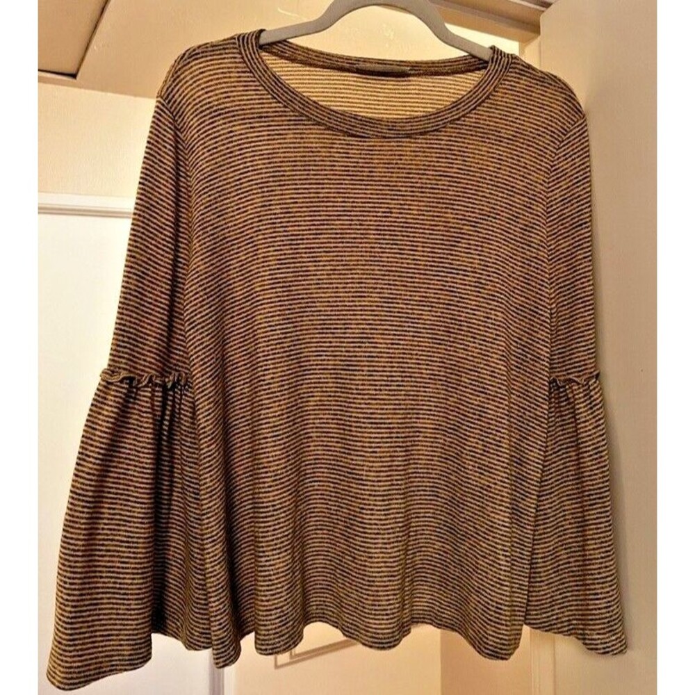 Audrey 3+1 Sweater Brown Stripe Bell Sleeve A-Line Pullover Size M Cozy Soft